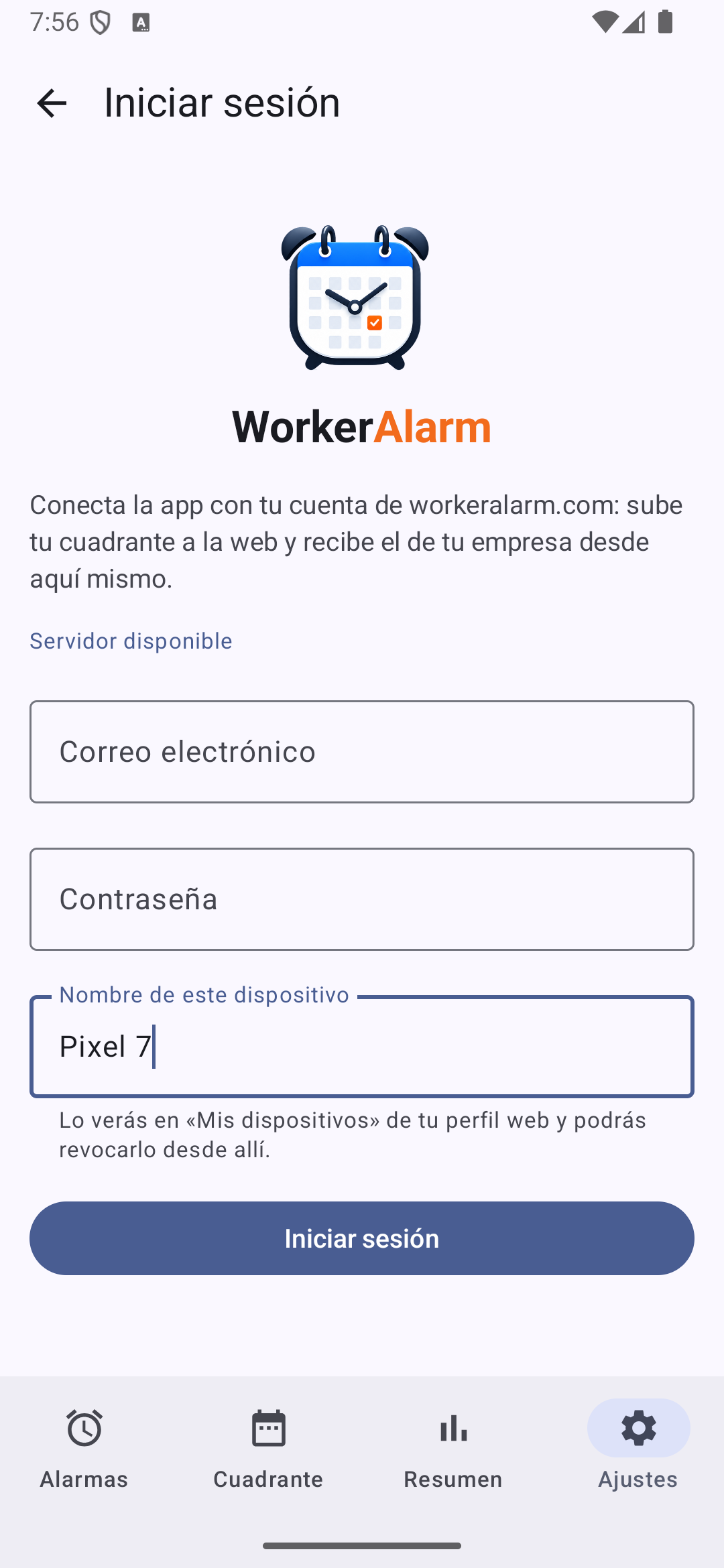 Pantalla Iniciar sesión de la app: conecta la app con tu cuenta de workeralarm.com